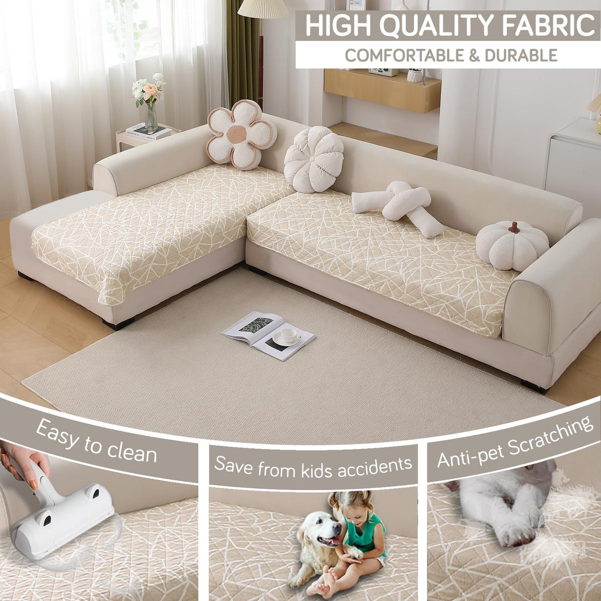 Waterproof Printed Quilted Quick Dry L Shape Sofa Seat Cover Mat, Beige Abstract Geometry