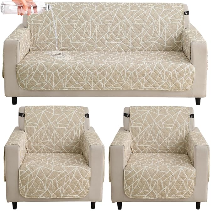 Waterproof & Quick-Dry Quilted Sofa Cover with Pockets on Armrest, Beige Abstract Geometry