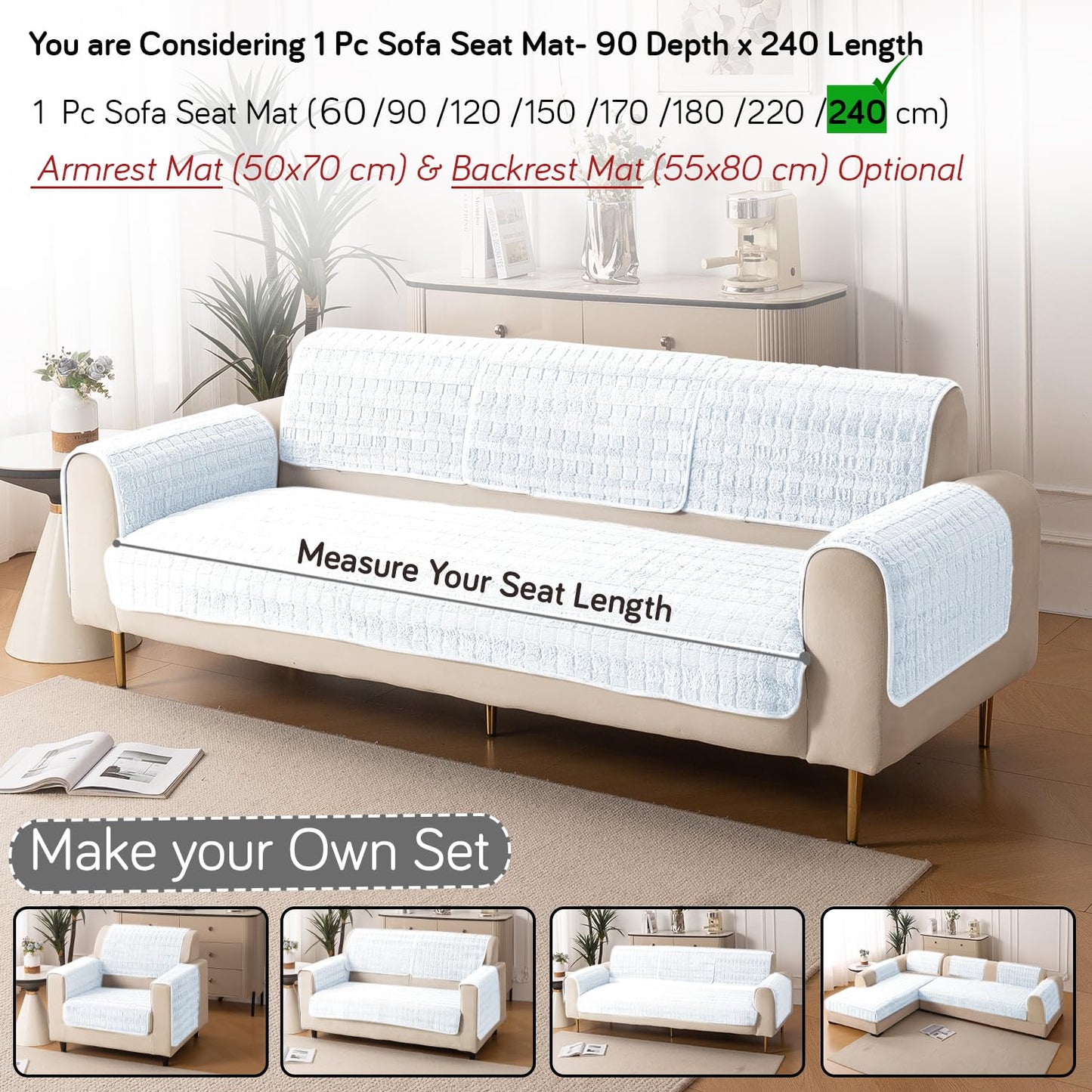Premium Plush Anti Slip Sofa Cover Mat, White
