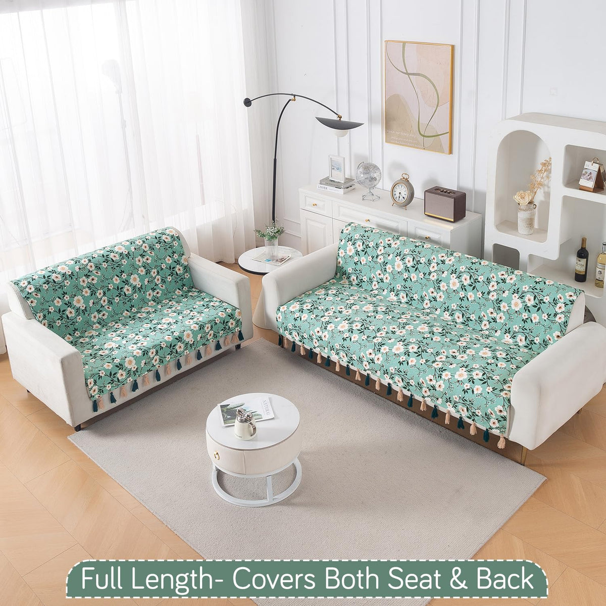 'Whispers of Nature' Series Holland Velvet Sofa Cover with Tassel, Sage Floral Vine