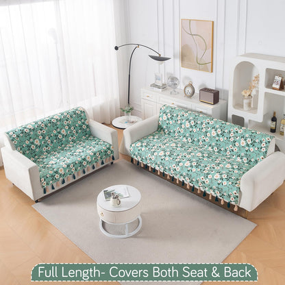 'Whispers of Nature' Series Holland Velvet Sofa Cover with Tassel, Sage Floral Vine
