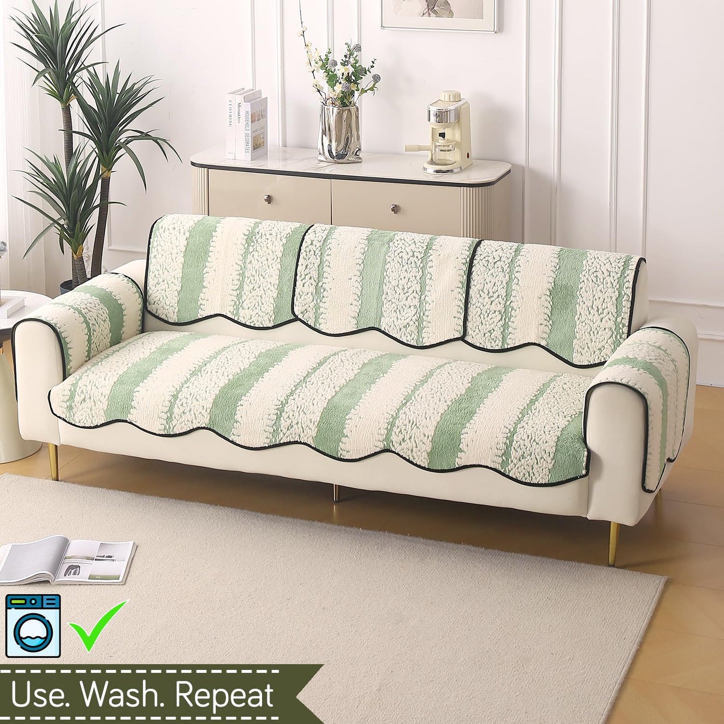 Luxury Sofa Cover Set | Seat, Back & Arm Covers | Anti-Slip Wavy Mat – Pistachio Green