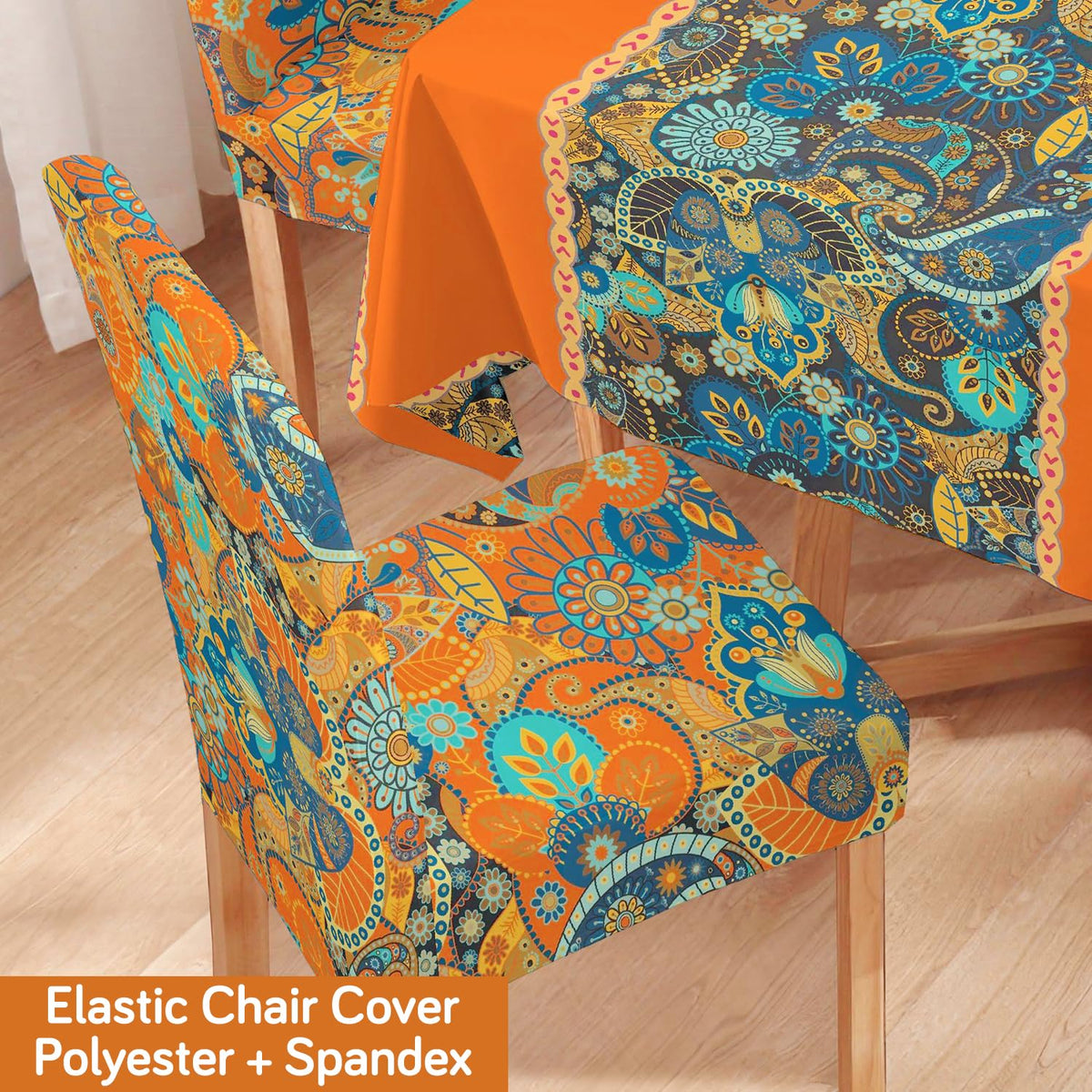 Orange Printed Dining Set Cover | 4/6 Seater