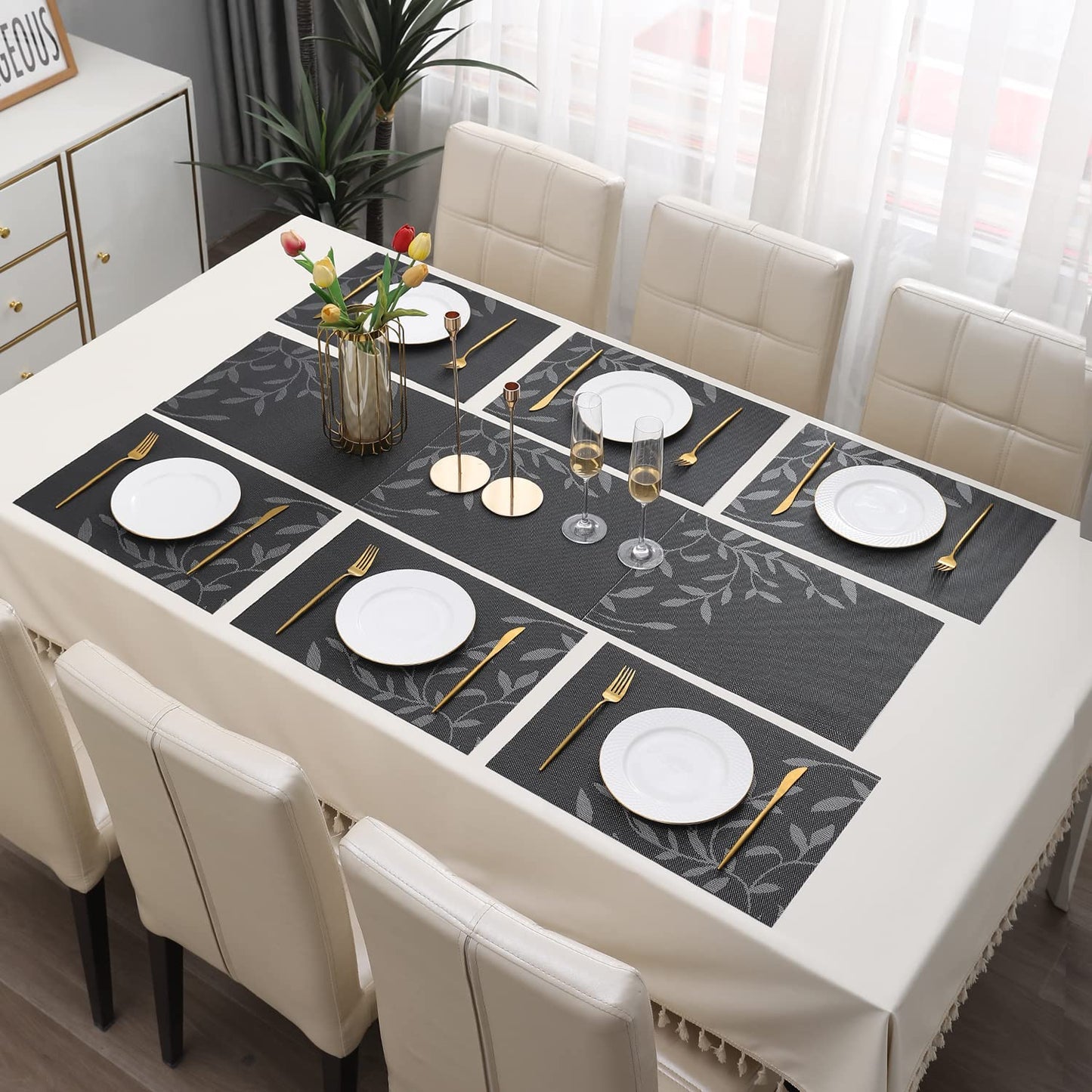 PVC Dining Table Mats, Black Leaves