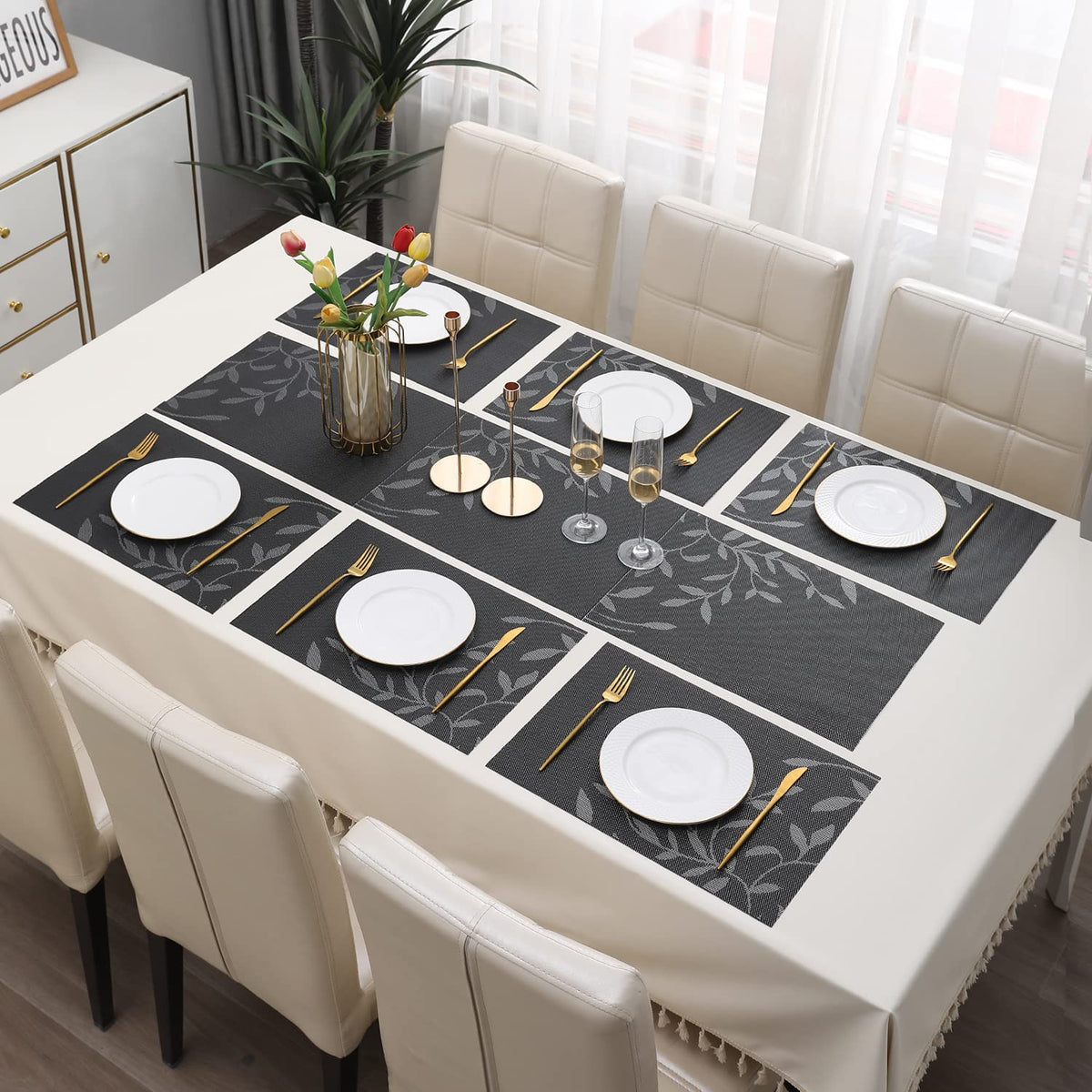 PVC Dining Table Mats, Black Leaves