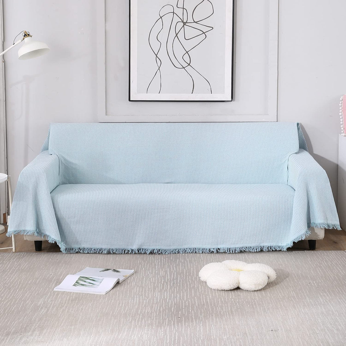 Blue colour polycotton Three seater sofa throw of size 180(D)x300(L)
