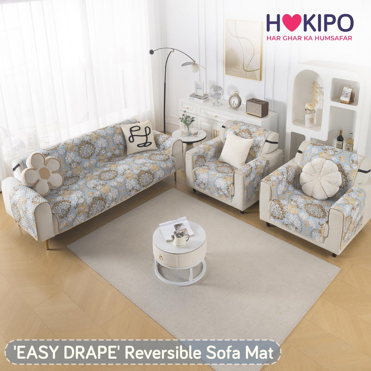 Easy Drape Reversible Quilted 5-Seater Sofa Cover (3+1+1), Cool Breeze Floral