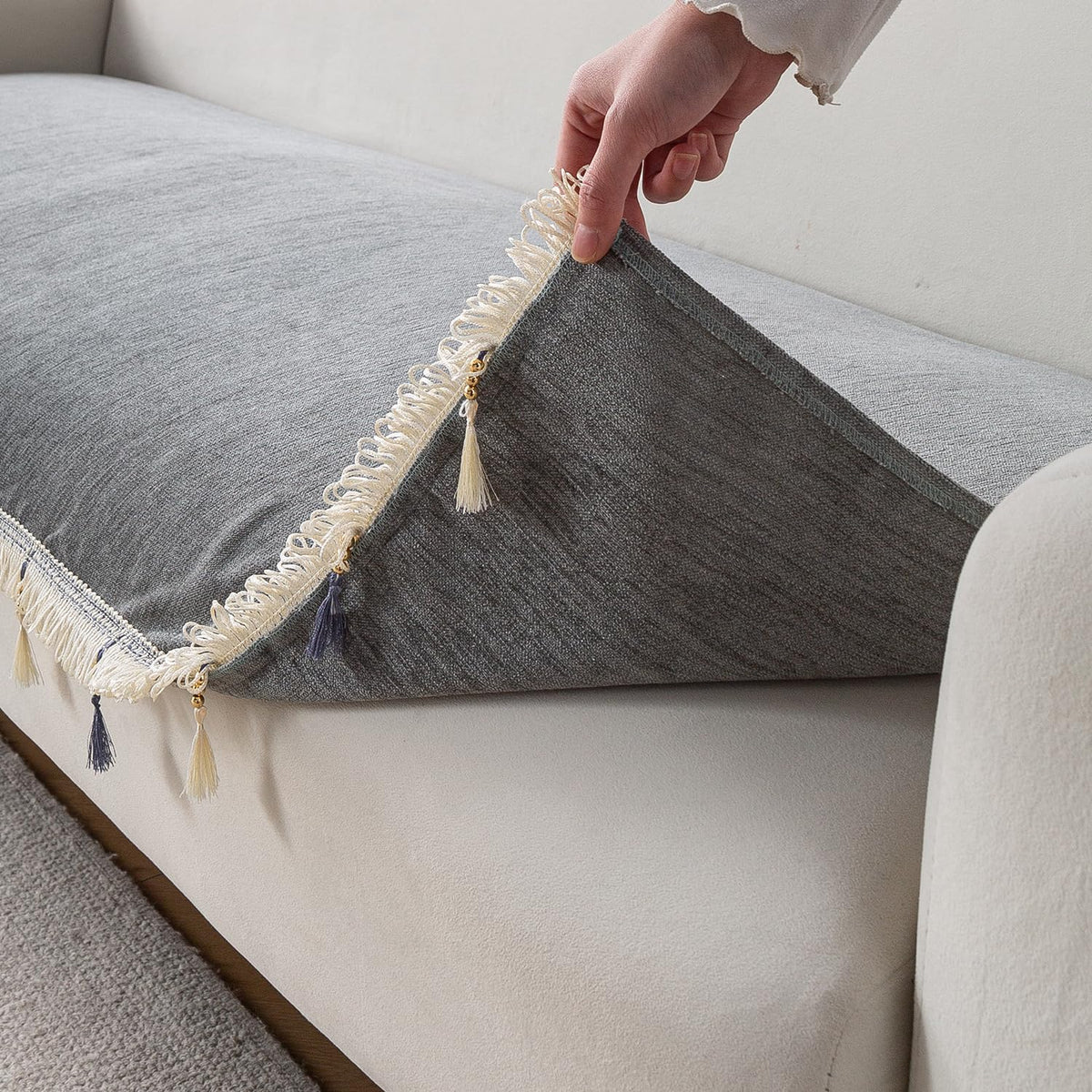 Serenity Tassel Chenille Sofa Cover with Tassel – Glacier Silver