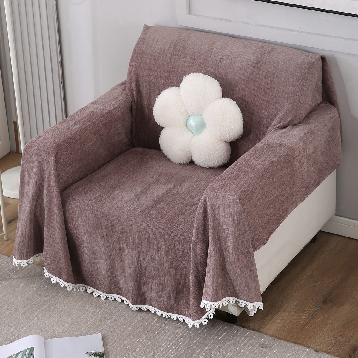 Chenille Sofa Couch Slipcover, Brown for 1/2/3 Seater