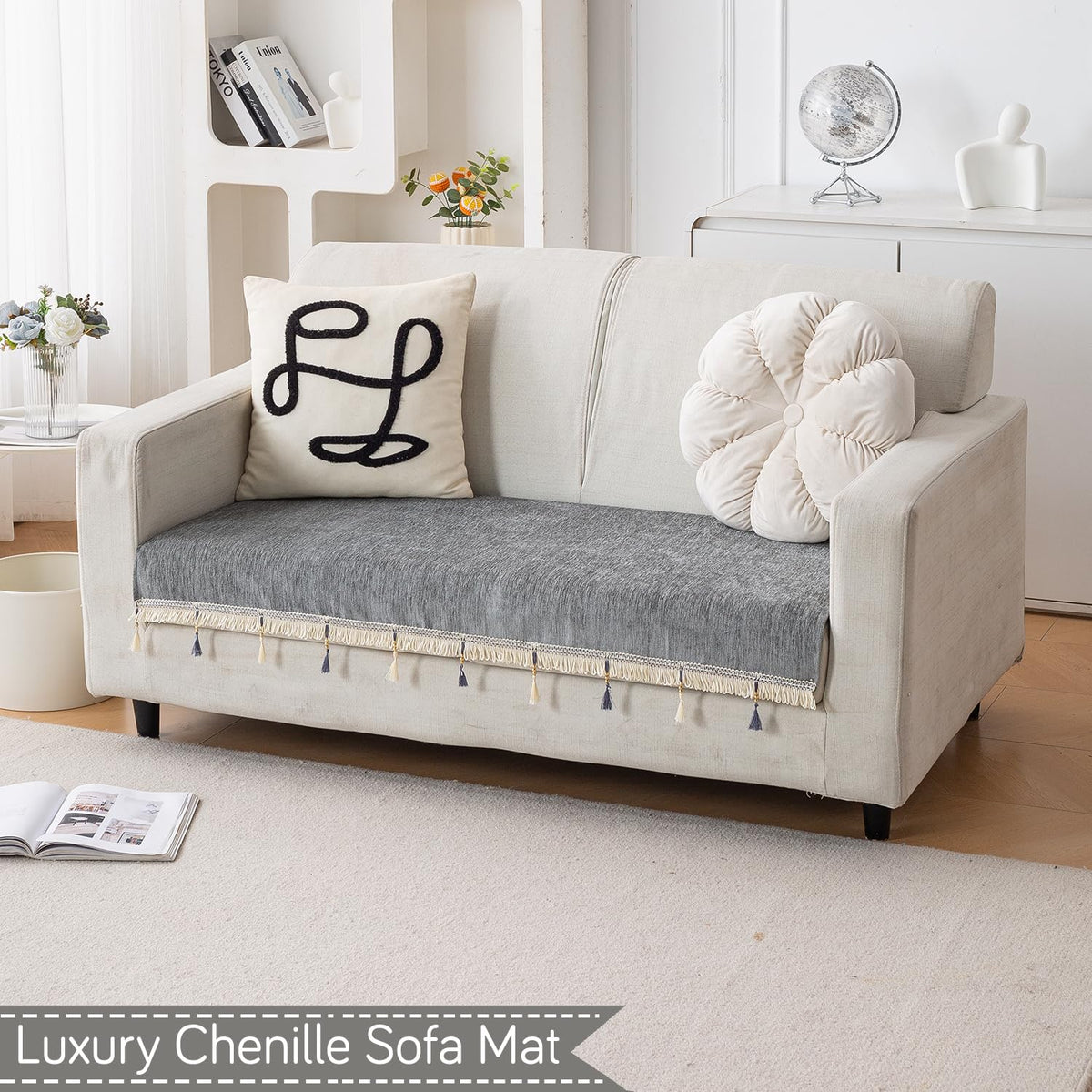Serenity Tassel Chenille Sofa Cover with Tassel – Glacier Silver
