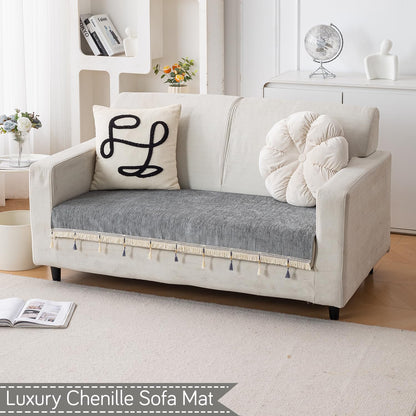 Serenity Tassel Chenille Sofa Cover with Tassel – Glacier Silver