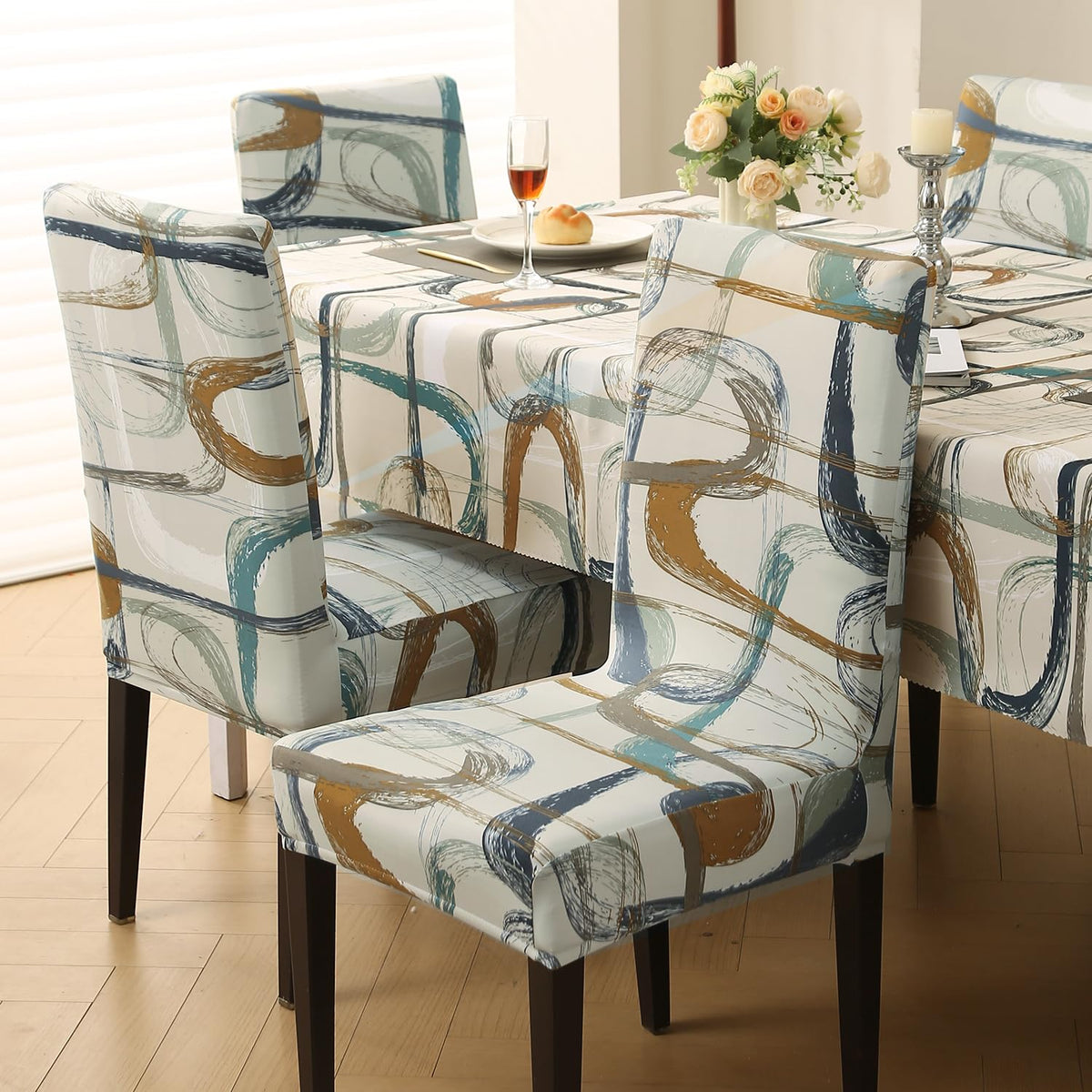 Elastic Dining Chair Covers with Matching Tablecloth, Parchement Beige Abstract Art