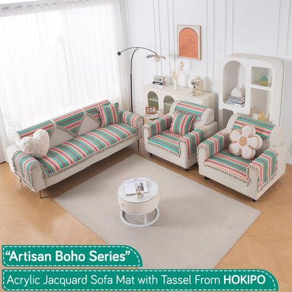 Artisan Boho 5-Seater Sofa Seat Mat with Tassels (3+1+1), Mint Green