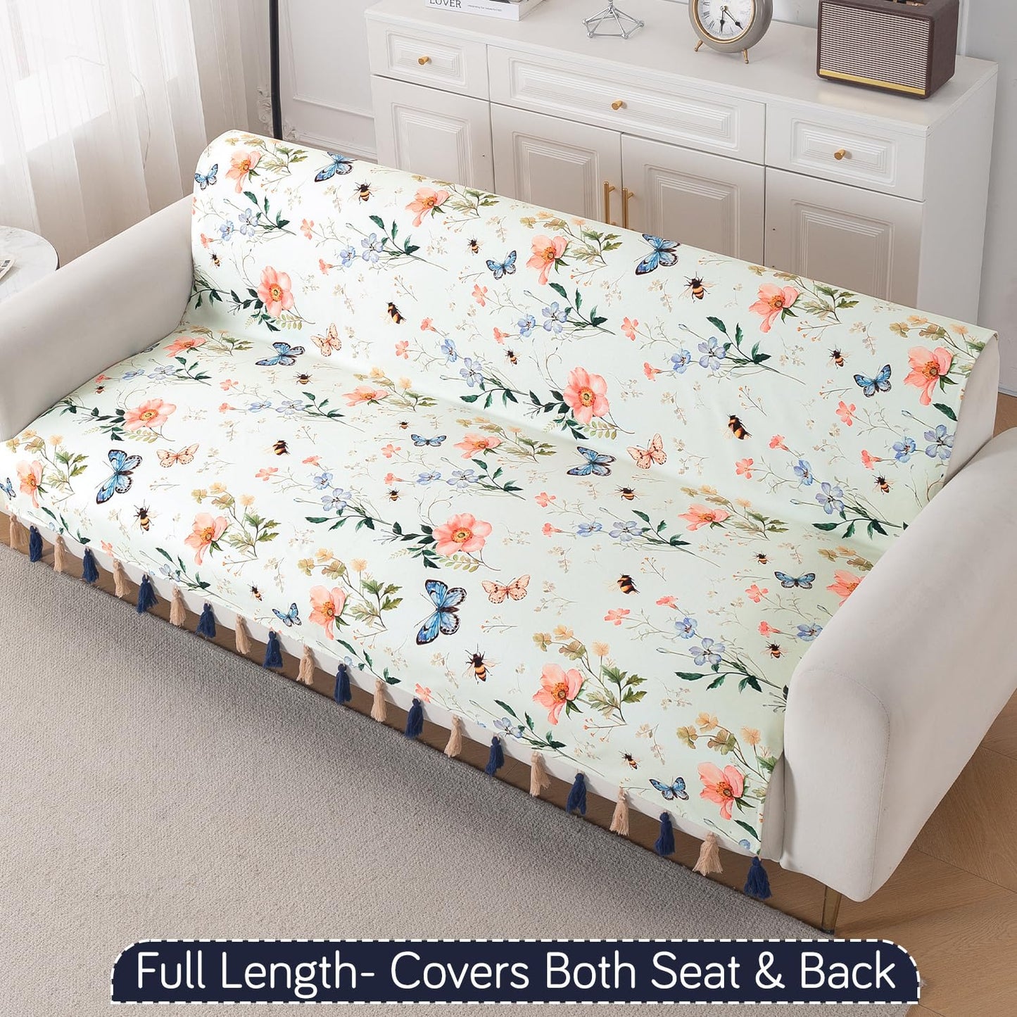 'Whispers of Nature' Series Holland Velvet Sofa Cover with Tassel, Pastel Butterfly Meadow