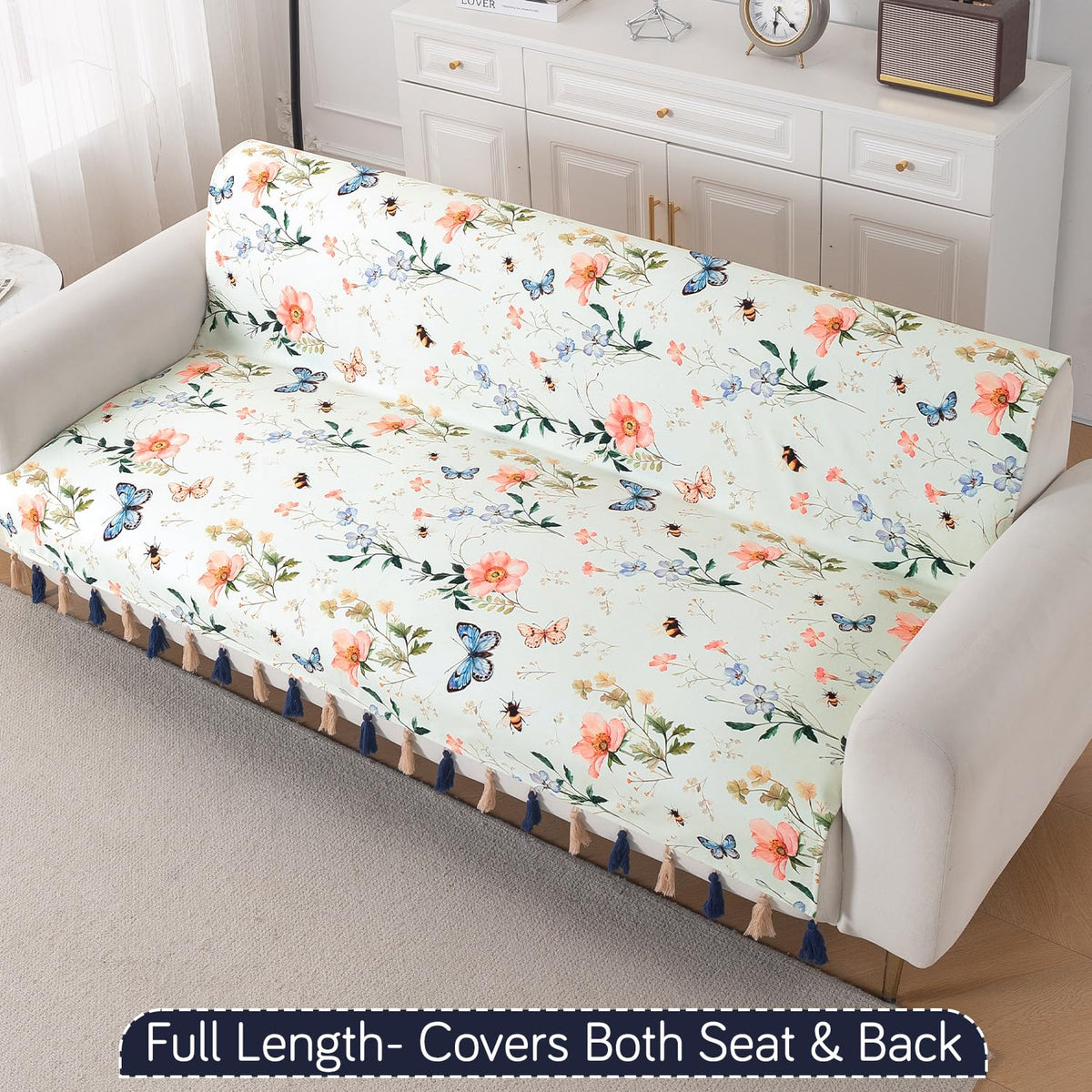 'Whispers of Nature' Series Holland Velvet Sofa Cover with Tassel, Pastel Butterfly Meadow