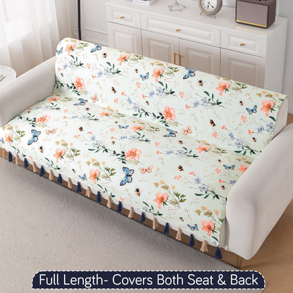 'Whispers of Nature' Series Holland Velvet Sofa Cover with Tassel, Pastel Butterfly Meadow