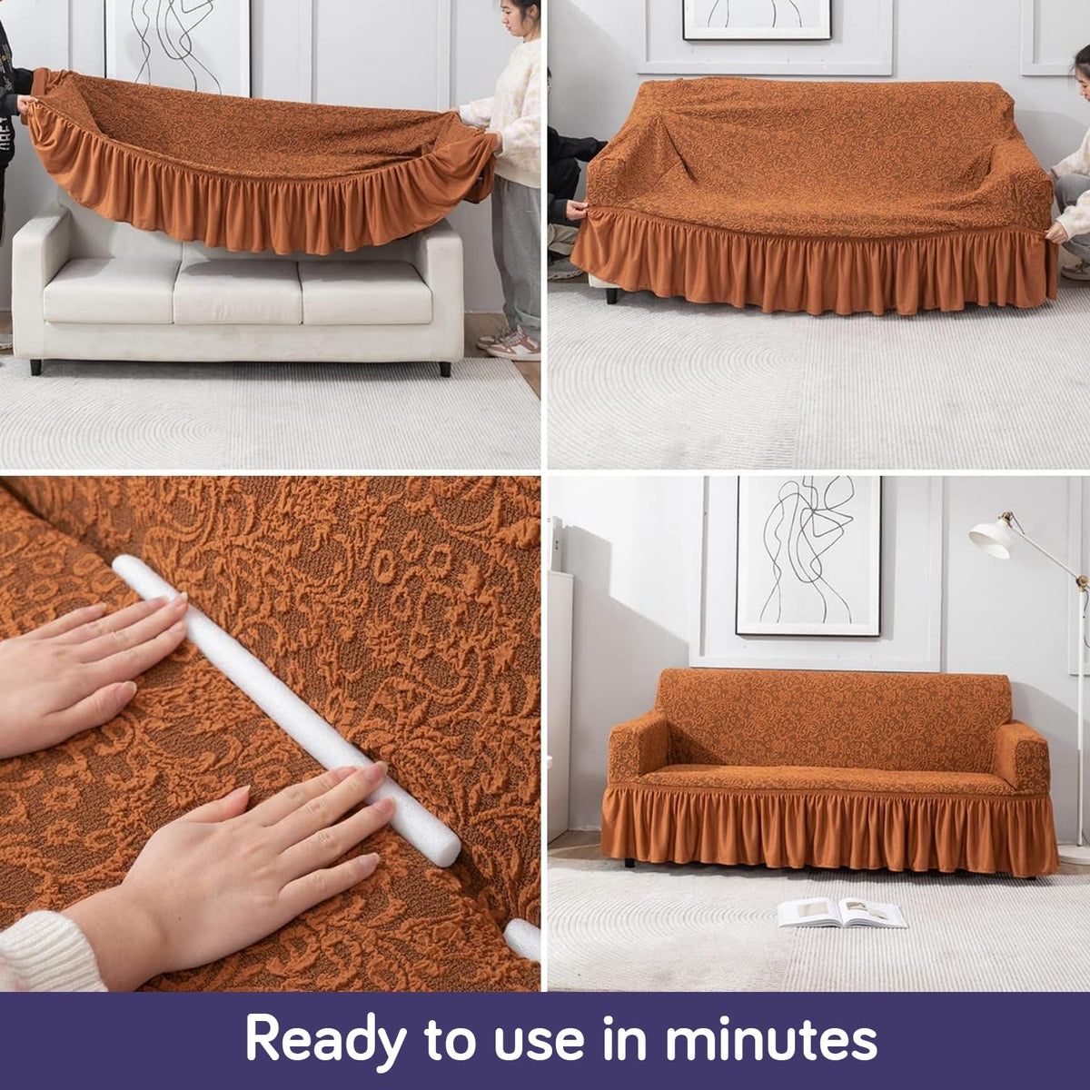 Elastic Stretchable Designer Woven Jacquard Sofa Cover with Frill, Caramel Brown