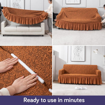 Elastic Stretchable Designer Woven Jacquard Sofa Cover with Frill, Caramel Brown