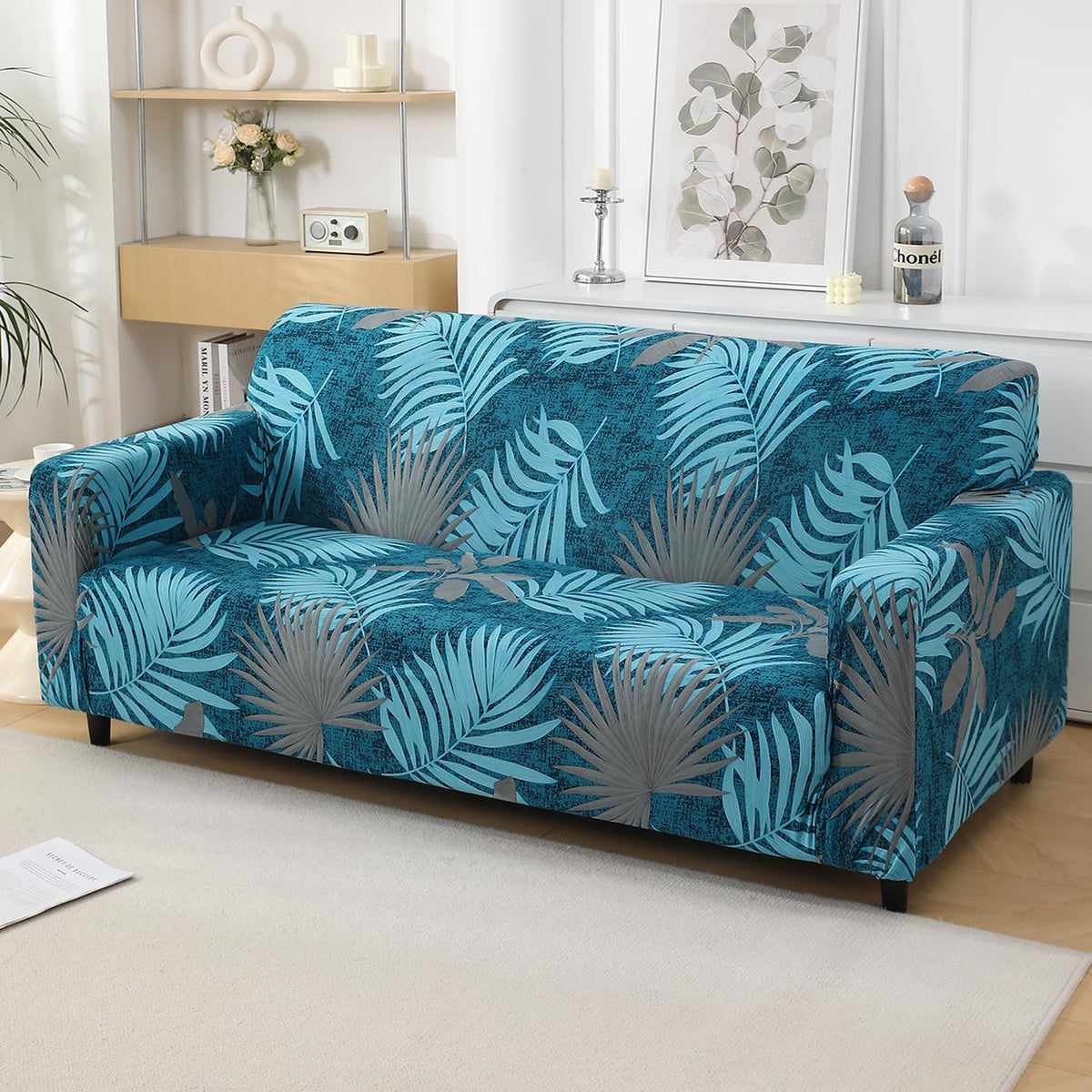 Sea Blue Tropical Leaves Printed full fitted stretchable three seater sofa cover