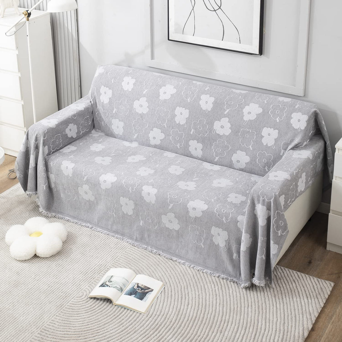 Grey Floral Chenille Sofa Throw | Thick & Soft for 1/2/3 Seater