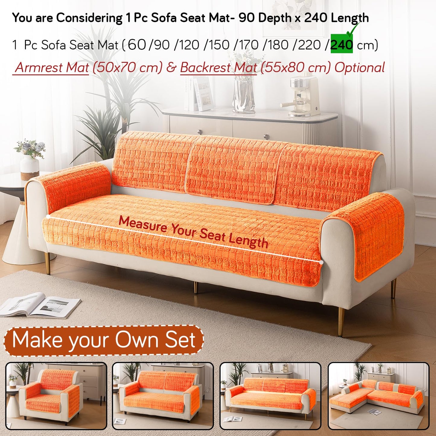 Premium Plush Anti Slip Sofa Cover Mat, Orange