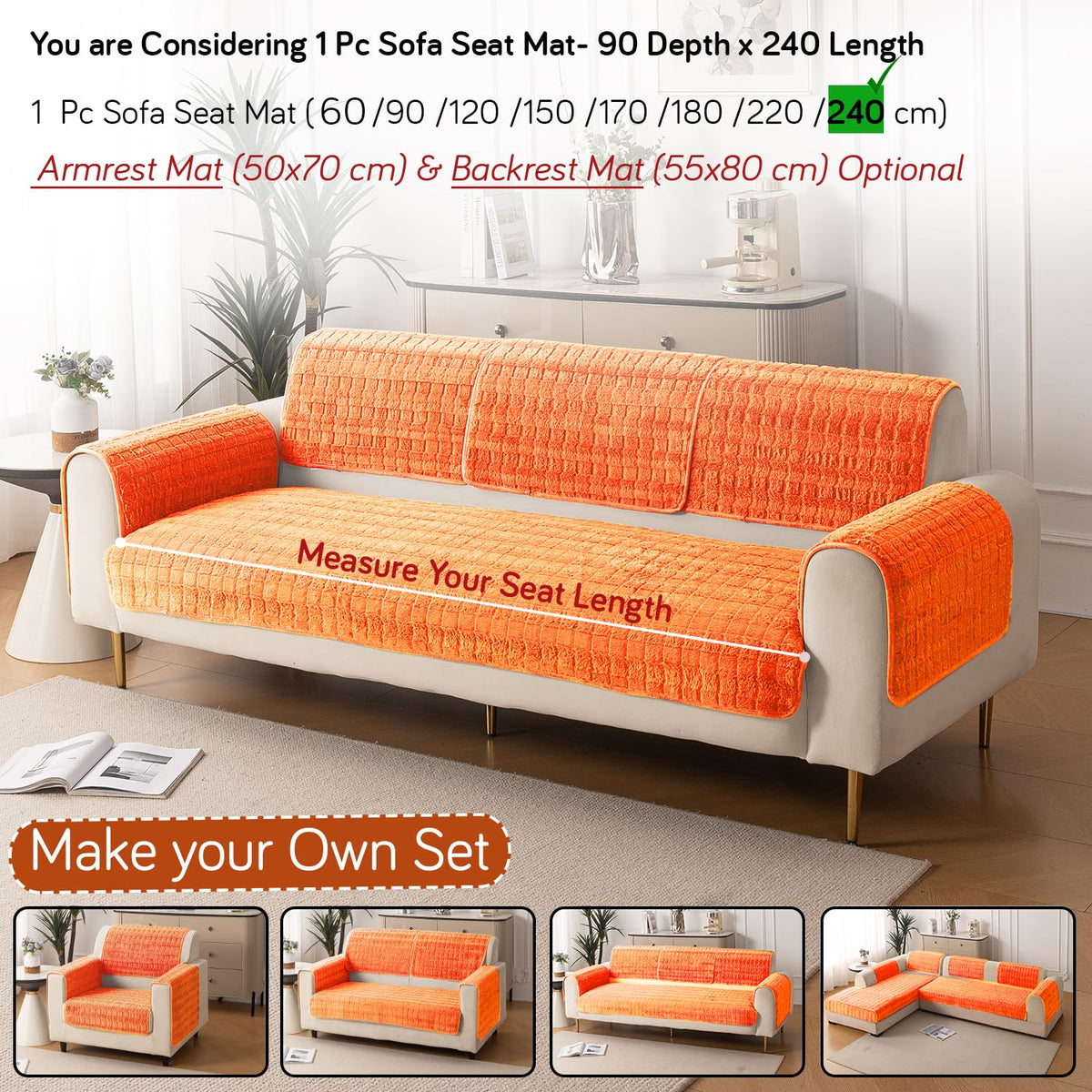 'Plush Haven' Premium Anti Slip Sofa Cover Mat, Orange