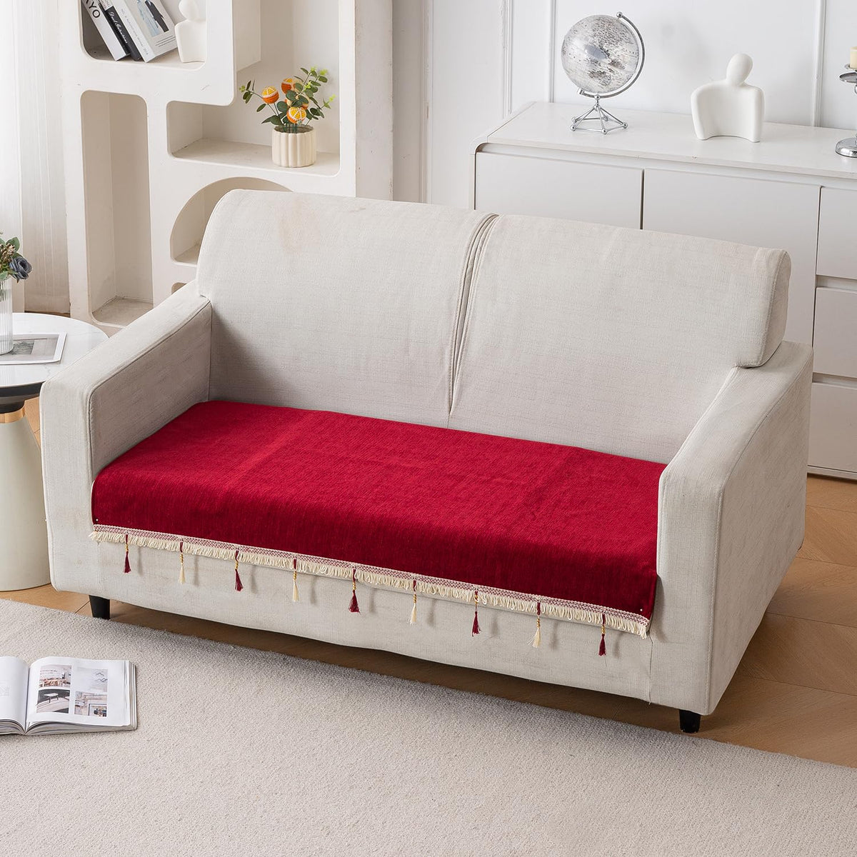 Serenity Tassel Chenille Sofa Cover with Tassel – Crimson Ruby