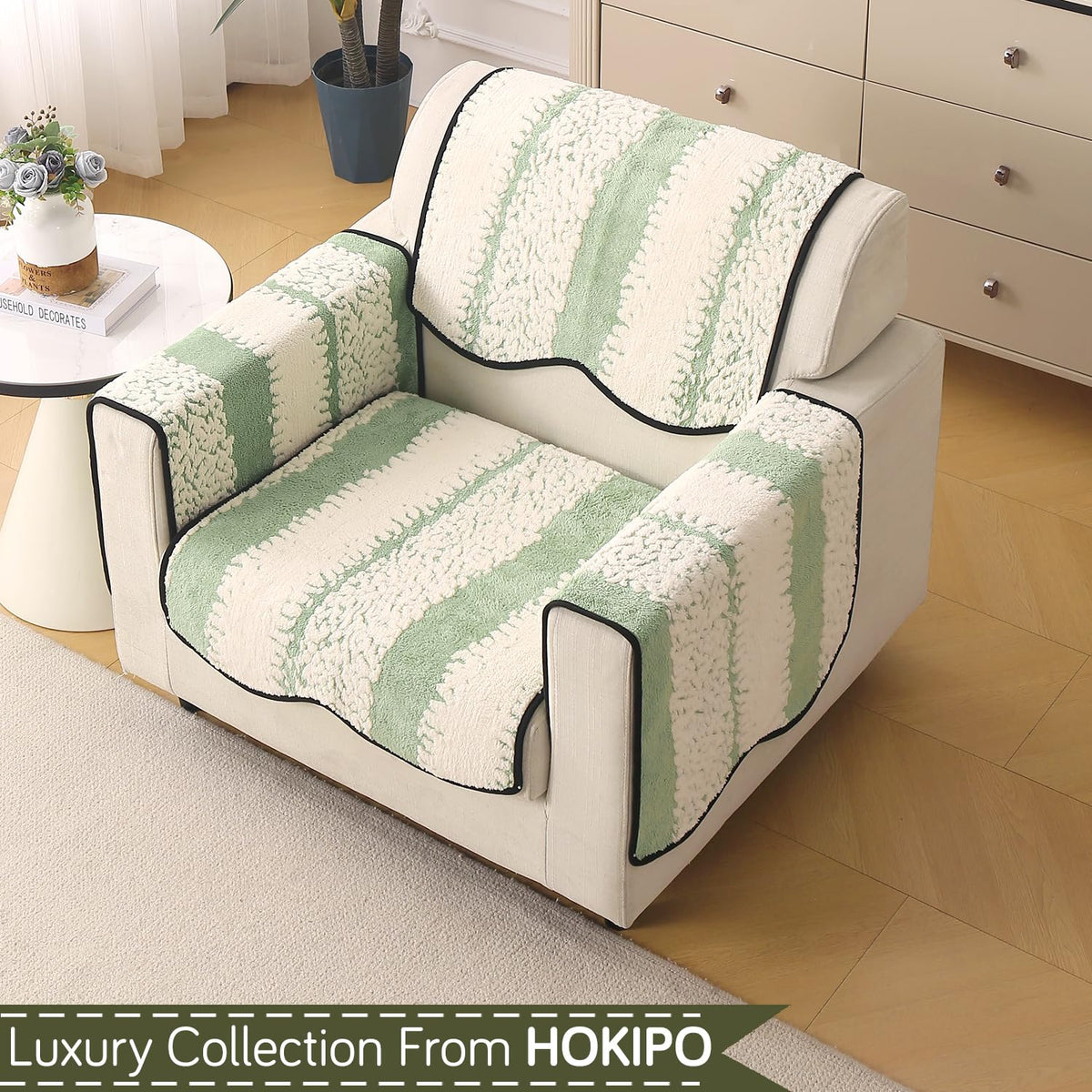 Luxury Sofa Cover Set | Seat, Back & Arm Covers | Anti-Slip Wavy Mat – Pistachio Green
