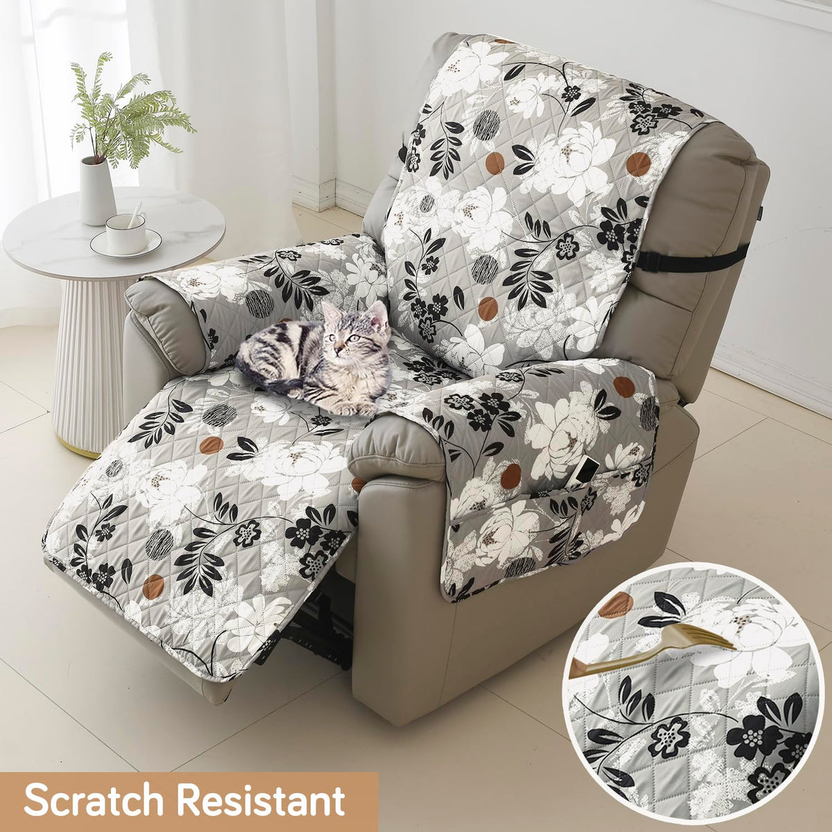 Water Repellent & Waterproof Quilted Recliner Sofa Cover for Small / Large - Feather Brown Floral