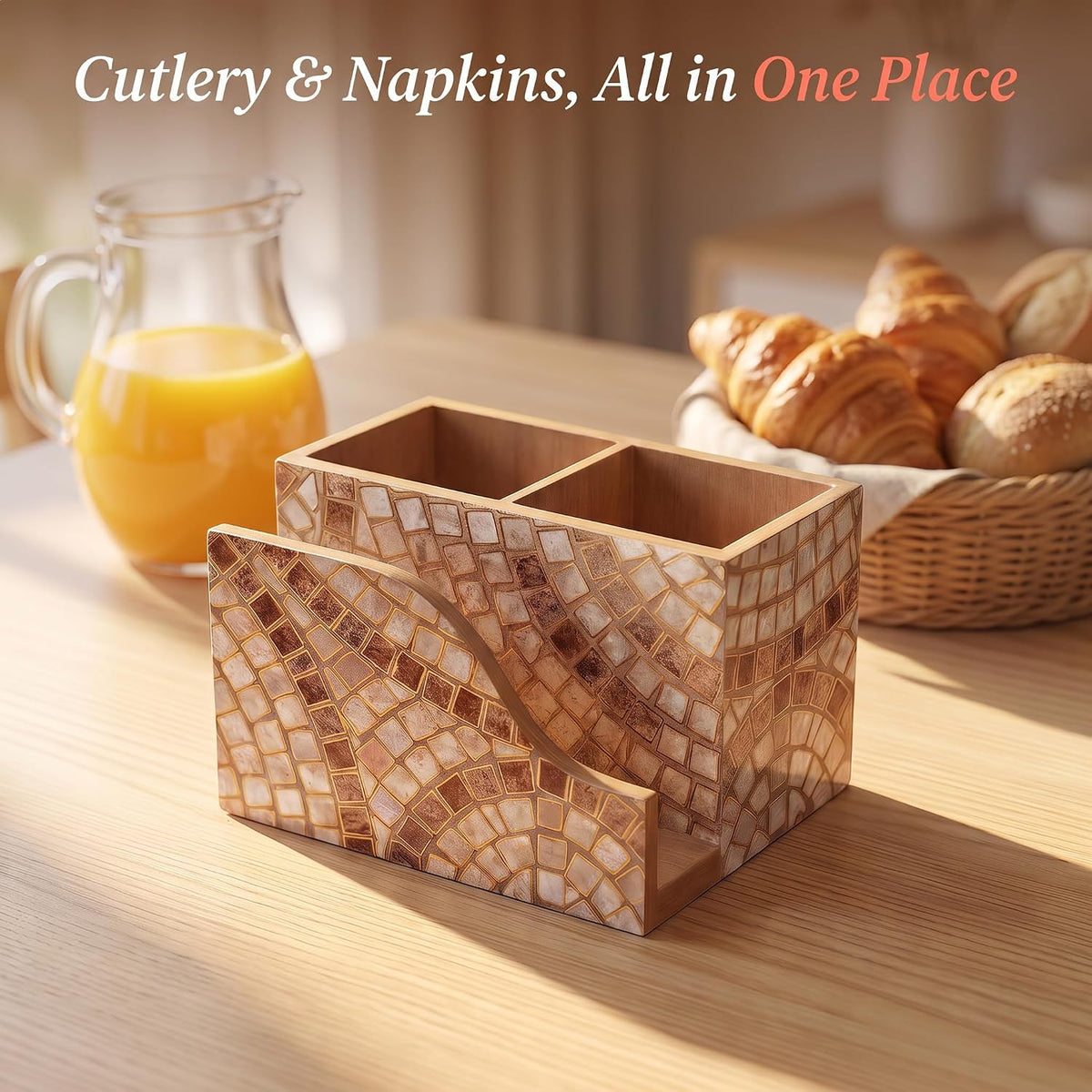 HOKIPO Cutlery Holder with Napkin Stand, Engineered Wood, Meher Mosaic - image 7