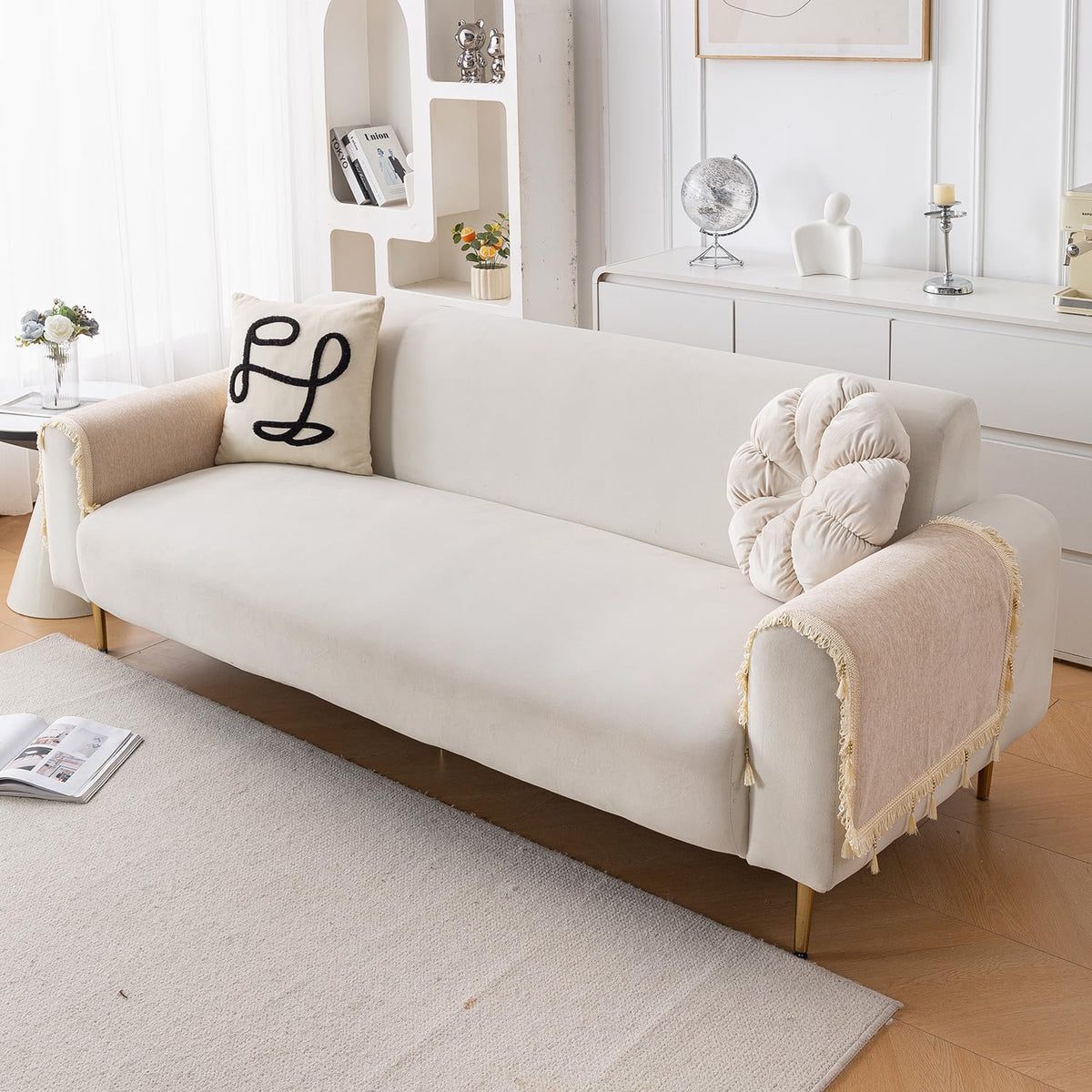 Serenity Tassel Chenille Sofa Cover with Tassel – Ivory Fringe