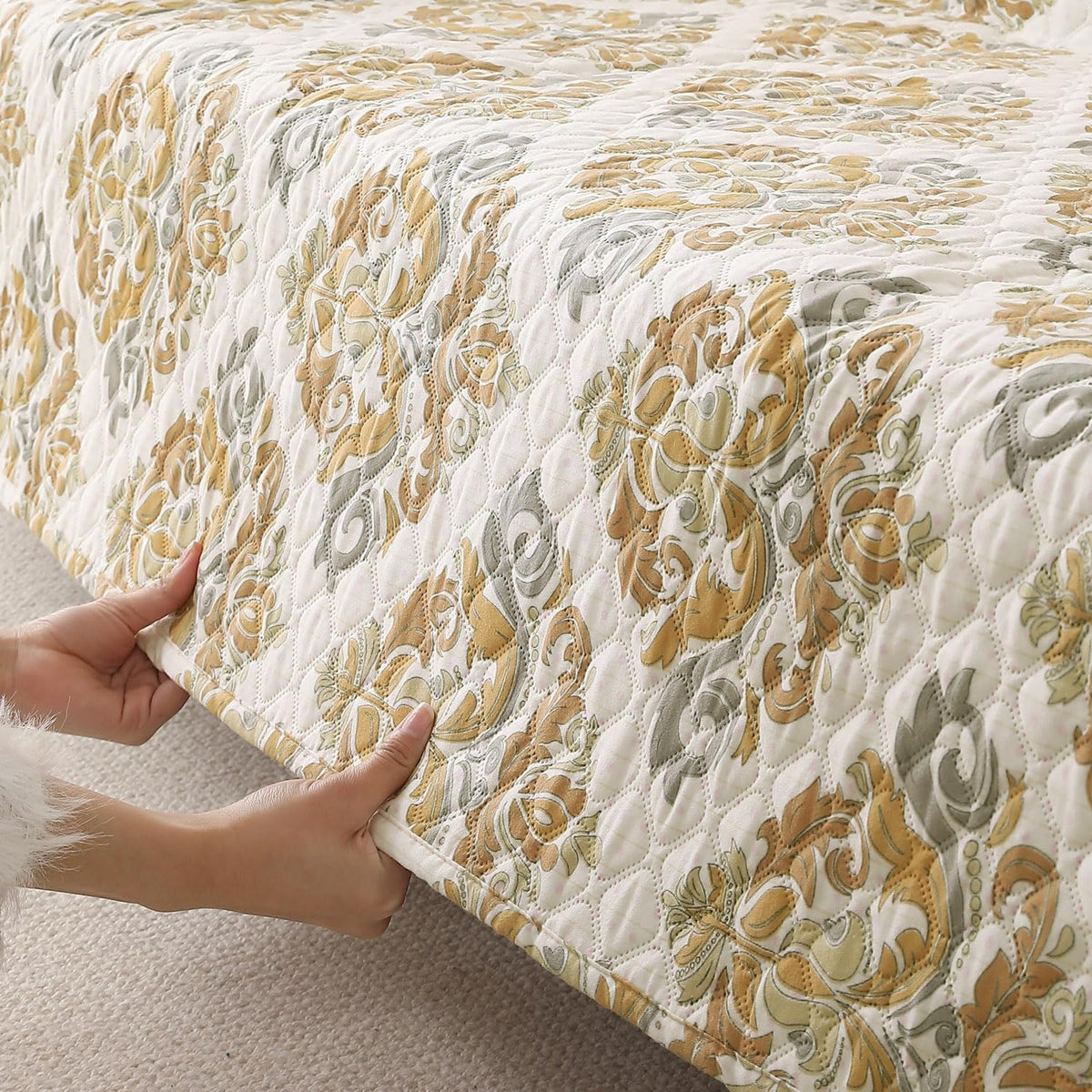 Quilted Printed L Shape Sofa Cover Mat for 2+2/3+2/3+3 Seater, Damask Beige