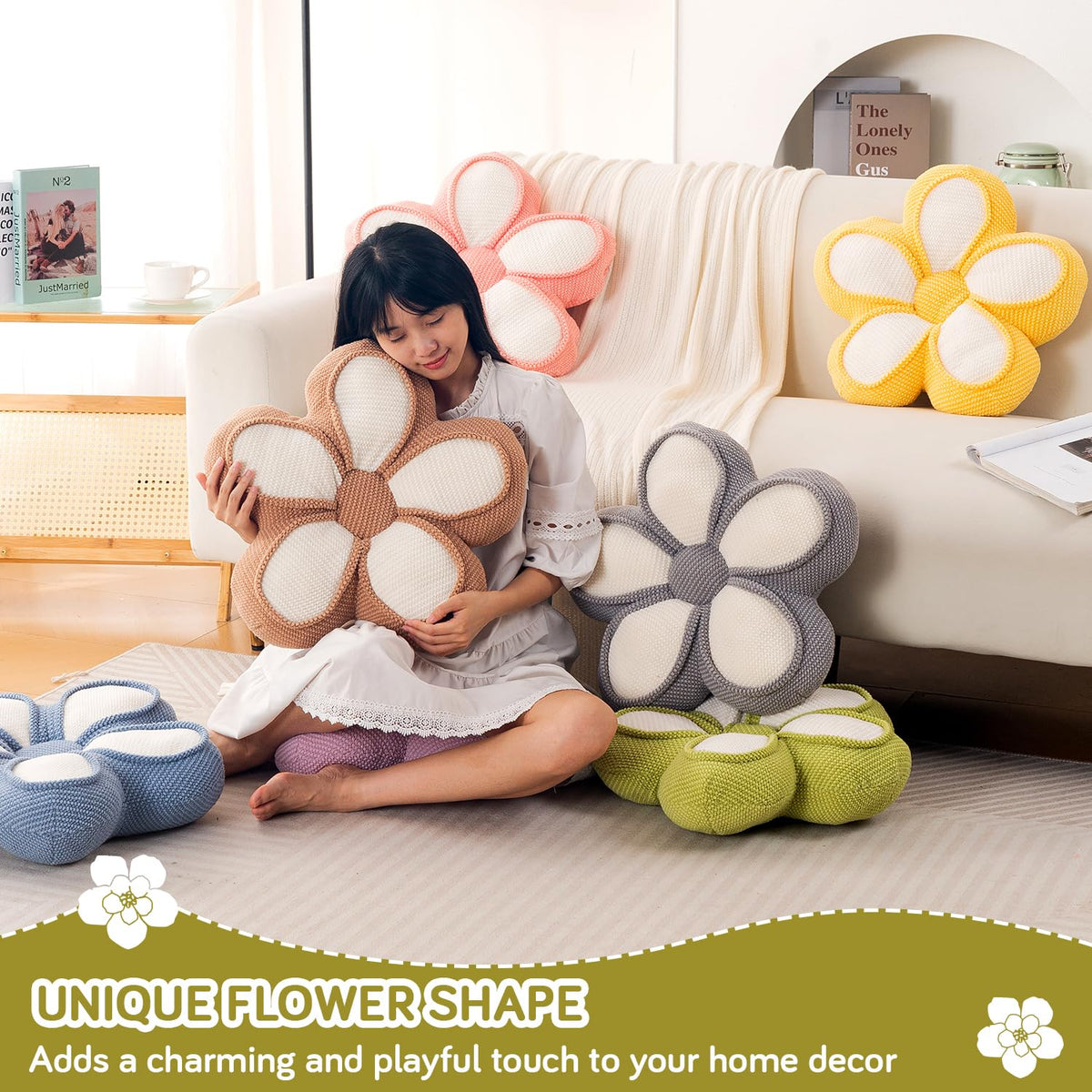HOKIPO Daisy Petal Flower Cushion for Sofa & Bed, 47 cm, Grey