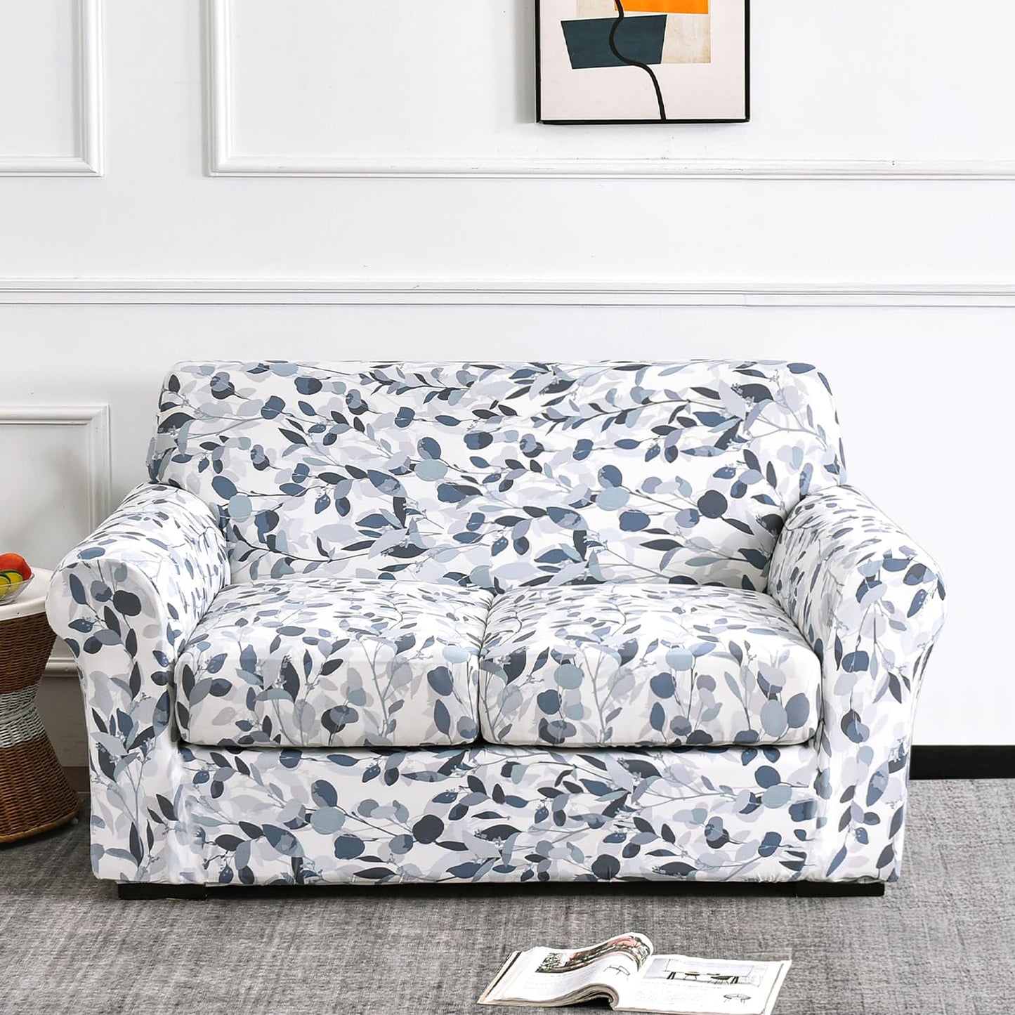 Printed Stretchable Sofa Slipcover with 1/2/3 Pc Separate Seat Cushion Cover for each 1/2/3 Seater,Frost Blue Foilage