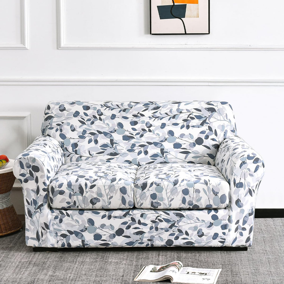 Printed Stretchable Sofa Slipcover with 1/2/3 Pc Separate Seat Cushion Cover for each 1/2/3 Seater,Frost Blue Foilage