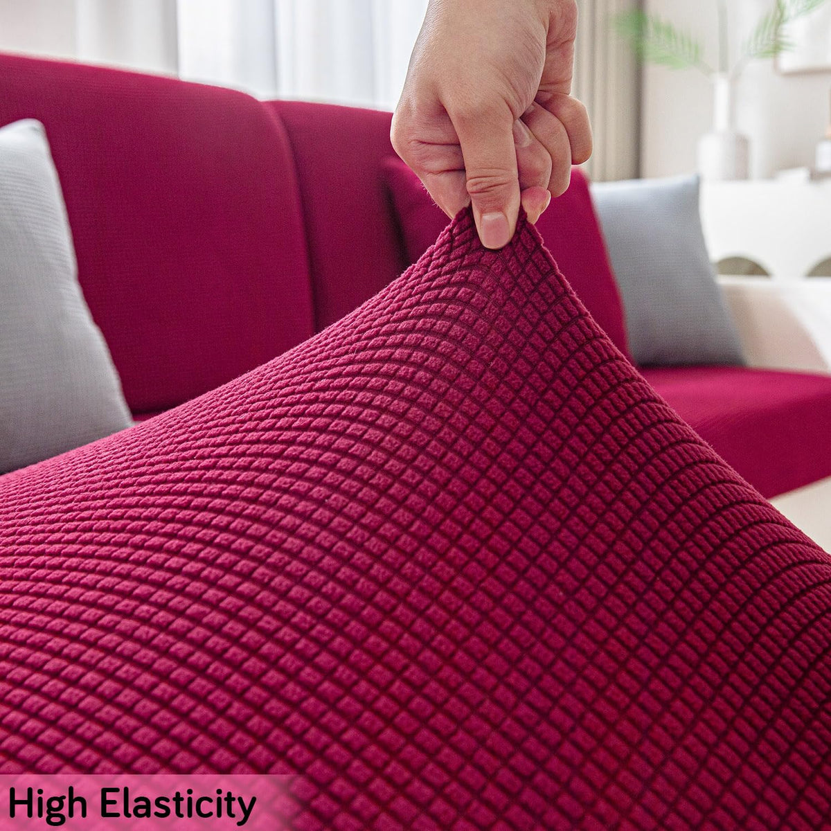 Stretchable Thick Jacquard Textured Seat Cushion Cover for 1/2/3 Seaters / Pieces for Sofa, Maroon
