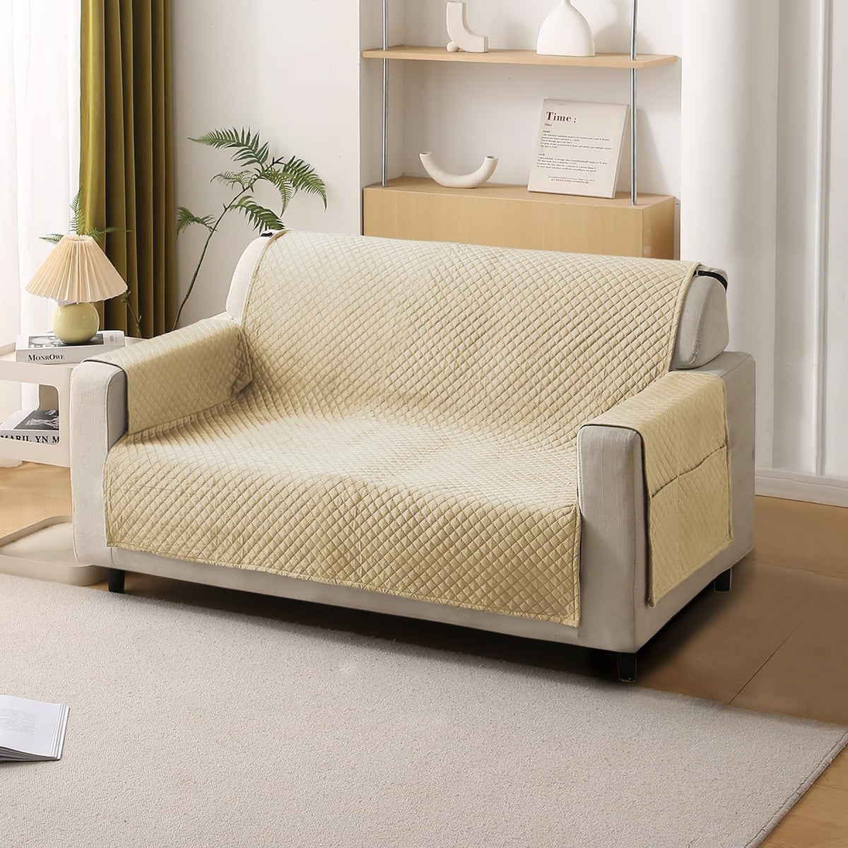 Quilted Velvet Sofa Cover Mat with Side Pockets, Pet Friendly, Natural Beige