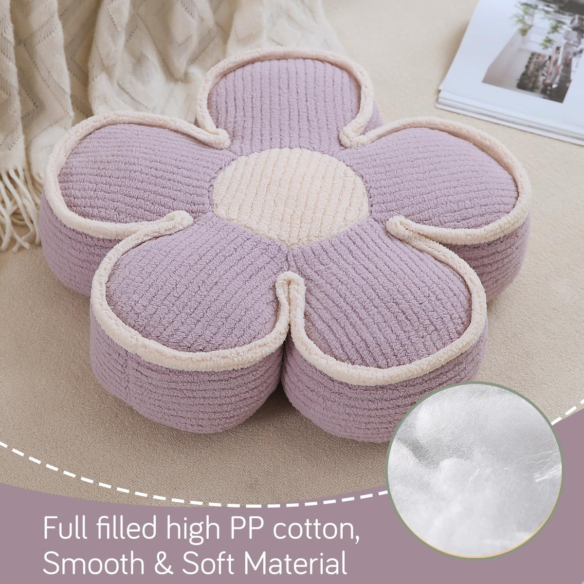 HOKIPO Plush Cotton Flower Cushion | Decorative Throw Pillow for Bed & Sofa - Lavender Fog