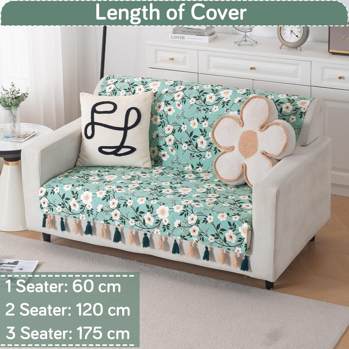 'Whispers of Nature' Series Holland Velvet Sofa Cover with Tassel, Sage Floral Vine
