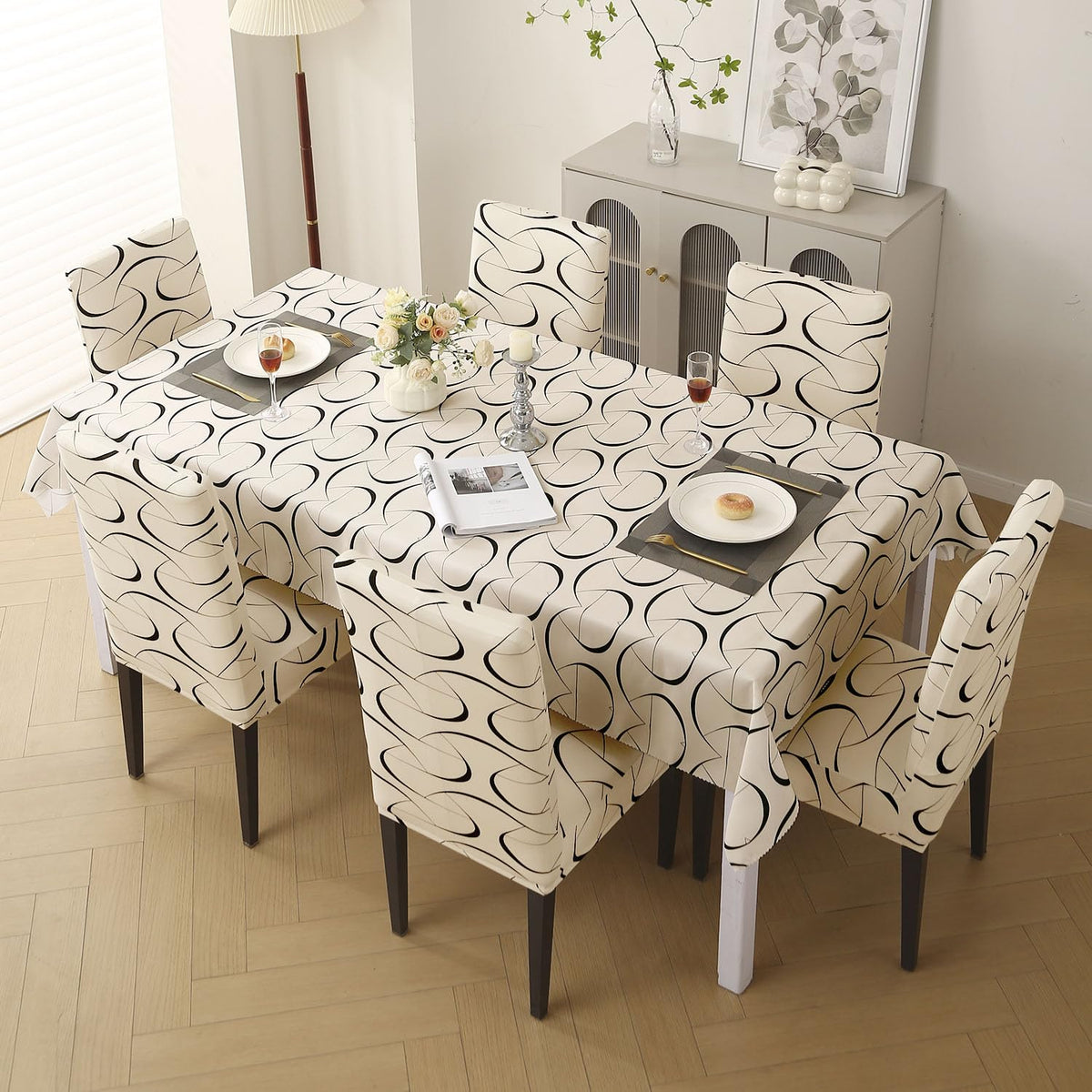 Elastic Dining Chair Covers with Matching Tablecloth, Natural Beige Abstract Art