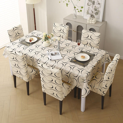 Elastic Dining Chair Covers with Matching Tablecloth, Natural Beige Abstract Art