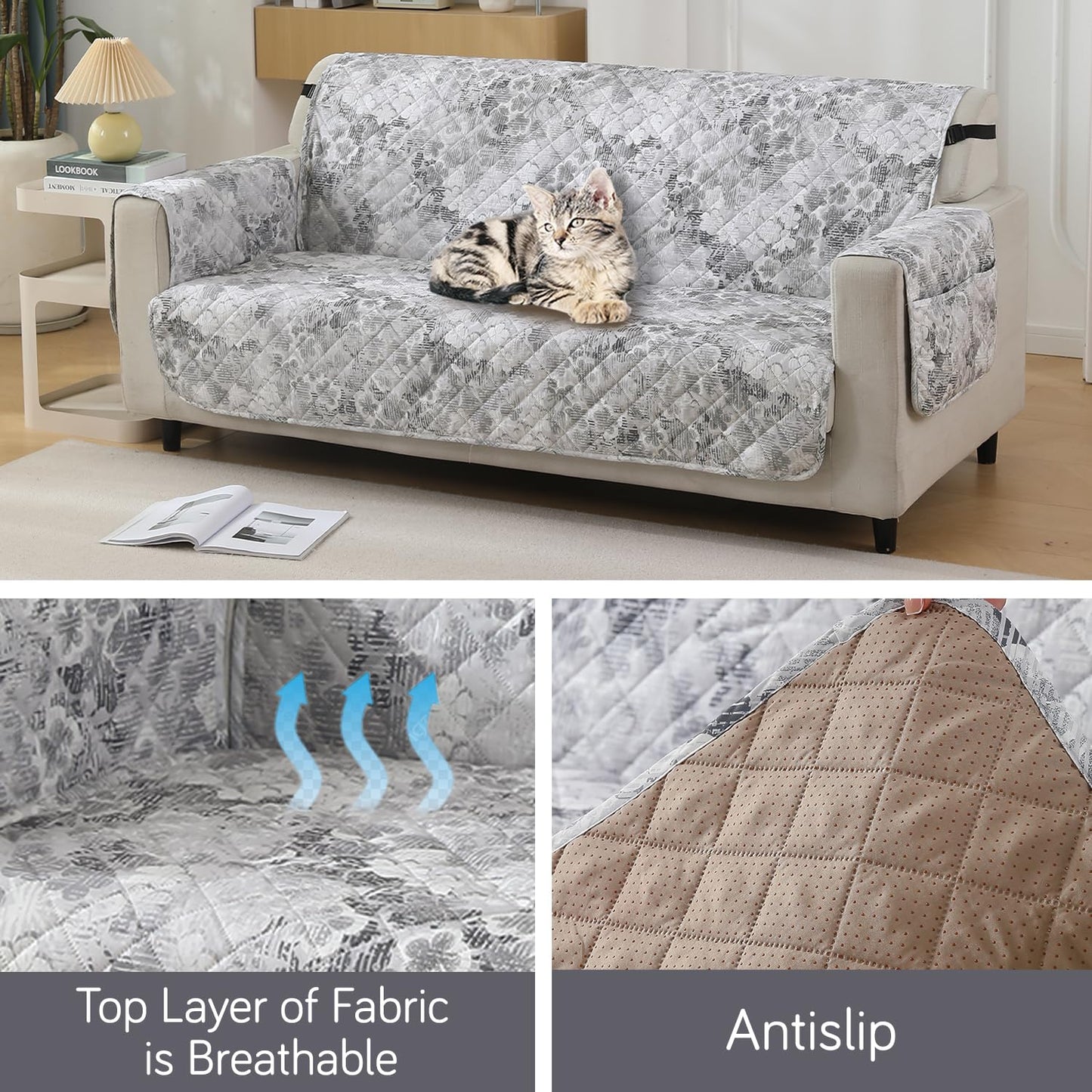 Quilted Waterproof Sofa Cover Mat with Pockets on Armrest Cover - Abstract Pale Grey