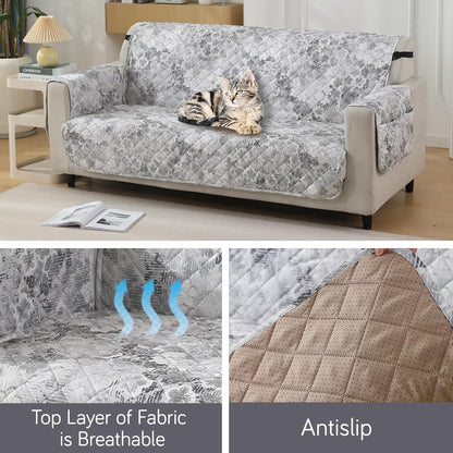 Quilted Waterproof Sofa Cover Mat with Pockets on Armrest Cover - Abstract Pale Grey