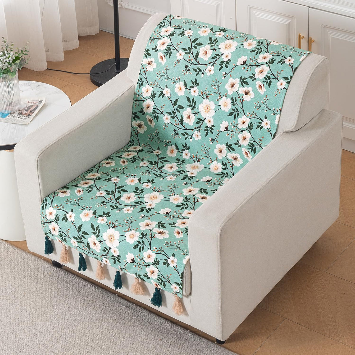'Whispers of Nature' Series Holland Velvet Sofa Cover with Tassel, Sage Floral Vine
