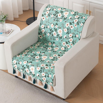 'Whispers of Nature' Series Holland Velvet Sofa Cover with Tassel, Sage Floral Vine