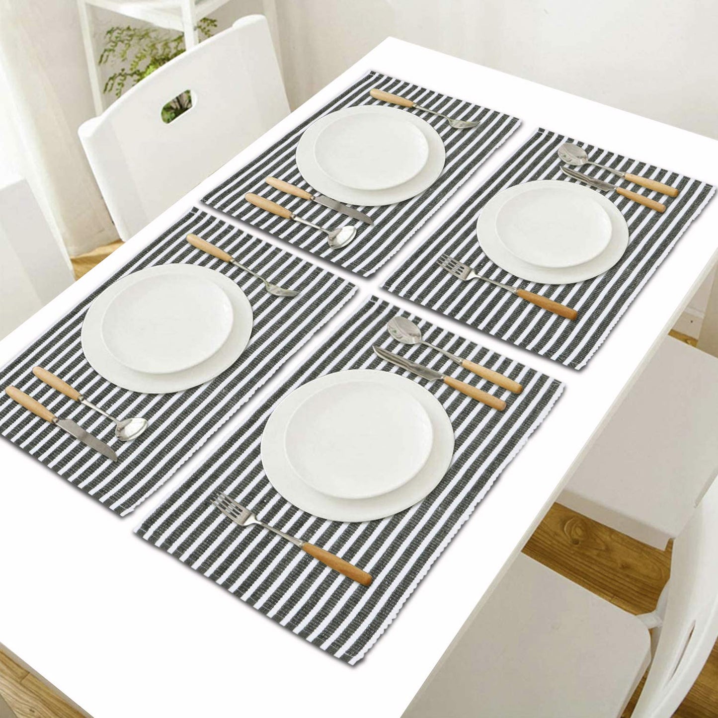 Ribbed Cotton Heat Resistant Dining Table Mat, Grey Striped