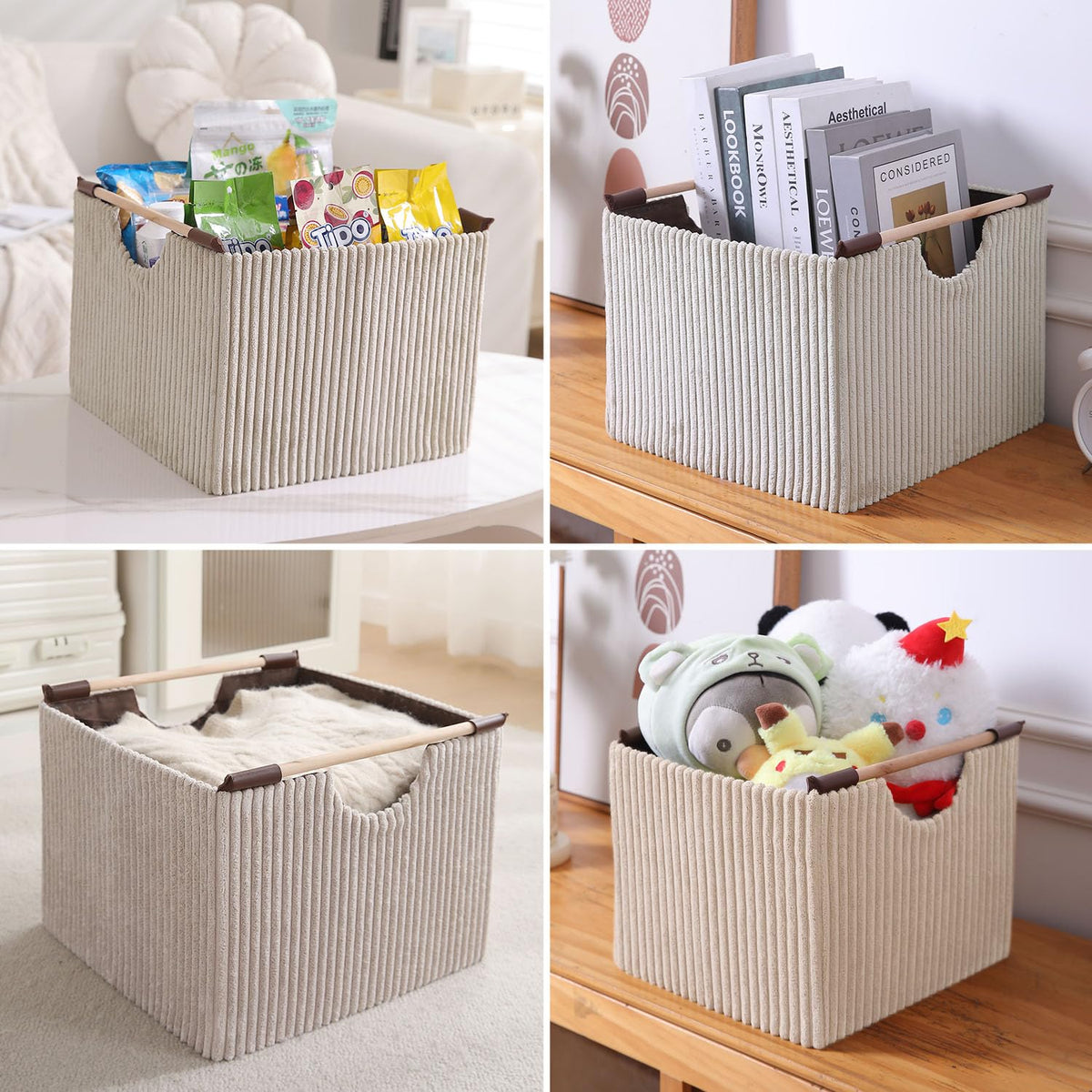 Premium Foldable Storage Bin with Wooden Handles | Corduroy Fabric Organizer Box for Wardrobe, Books, Clothes & Misc Items, Cream