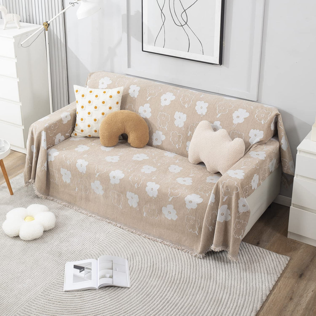 Beige Floral, Thick, Soft and Pet Friendly Chenille Sofa Cover Throw