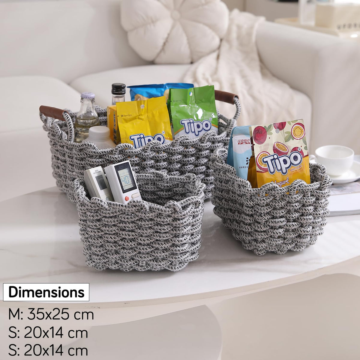 Eco-Friendly Thick Cotton Rope Storage Baskets Set of 3, Grey