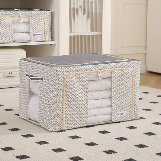 Wardrobe Organizer Storage Box | Foldable Cloth Storage Boxes with Metal Frame & Window | 600D Oxford Fabric, Cream Mist
